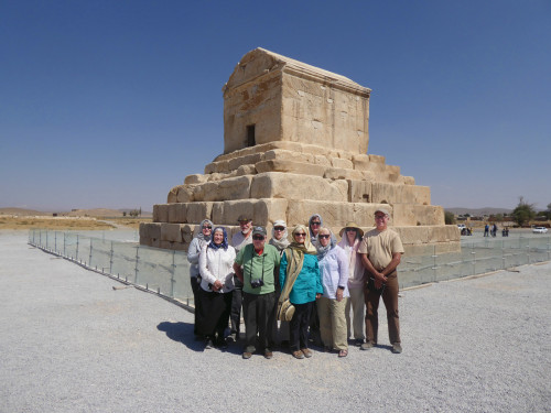 2016: The 2016 travelers in front of the Tomb of Cyrus at Pasargadae: Marilyn Lane BS '68; Anne Laird BA '69; Paul Barker BA '71, MAT '81...