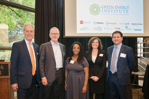 Wim Wiewel, president of Lewis & Clark; Mike Garland, president and CEO, Pattern Energy; Tarika Powell, senior research associate, Si...