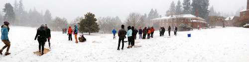 Students in the snow at the graduate school.