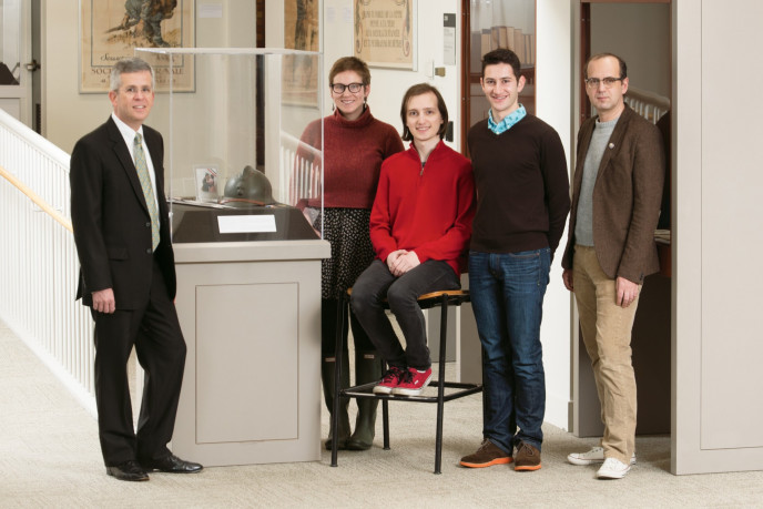 From left: David Campion, Pamplin Associate Professor of History; Emma Hoch-Schneider CAS '16; Sten Eccles-Irwin CAS '16; Nicolas Read CA...