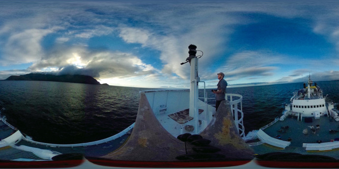 Sunrise from the crow's nest of the National Geographic Endeavour— Bolivar Channel, Galapagos. Photo by Jesse Lowes.