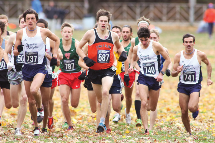 Liam Monheim BA '20, who was named the Northwest Conference's Freshman of the Year, races in the 300-person field at the NCAA Division II...