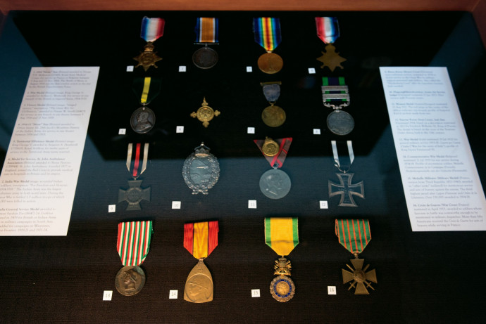 The items in the exhibition draw on a wide range of sources, including the war medals collection of David Campion, Pamplin Associate Professor of History. Photo by Robert Reynolds.