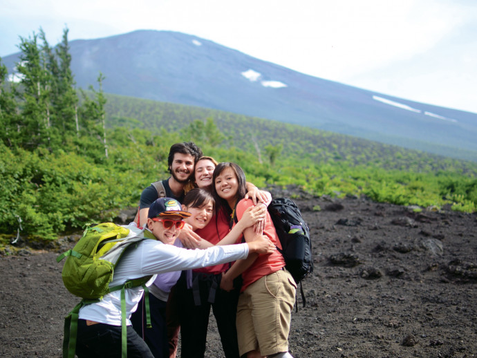 Halfway up Fuji, students share a group hug.