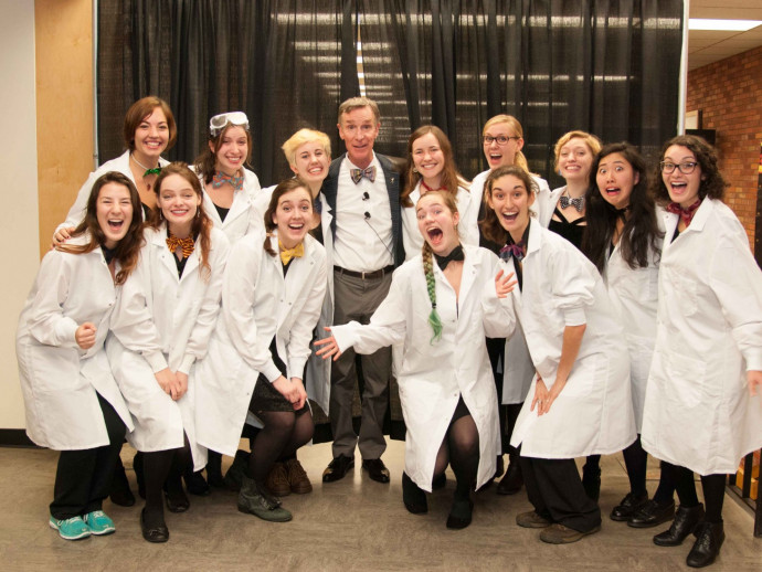 Bill Nye (center) with the Merryweathers, a Lewis & Clark a cappella group, who performed Nye's TV show theme at the event.