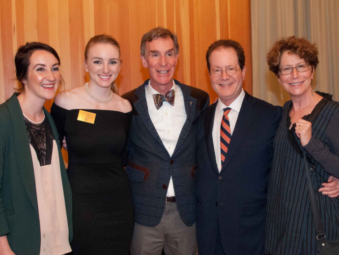 Bill Nye (center) with Sierra Adler CAS '16 , Cassidy Rice CAS '16, and President Barry Glassner and his wife, Betsy Amster.