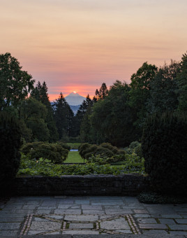 Mount Hood, as seen from the campus gardens, shines during a beautiful sunset.