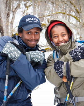 Lewis & Clark students in the snow during a College Outdoors trip.