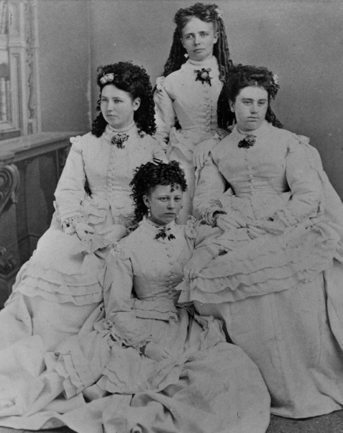 1873 first graduating class Albany College's first graduating class. Top: Maria Irvine. Center left: Cora Irvine. Center right: Weltha Yo...