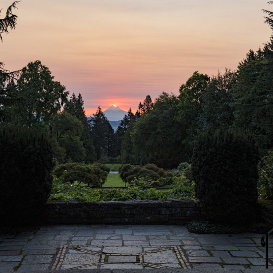 Mount Hood, as seen from the campus gardens, shines during a beautiful sunset.