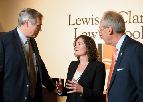 U.S. Senator Jeff Merkley and Lewis & Clark President Wim Wiewel talking with Professor Melissa Powers, Director of the Green Energy ...