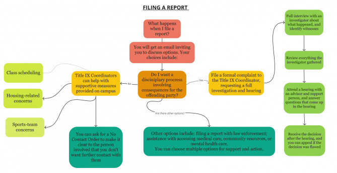 Flowchart shows options after reporting, including getting assistance with supportive measures in...