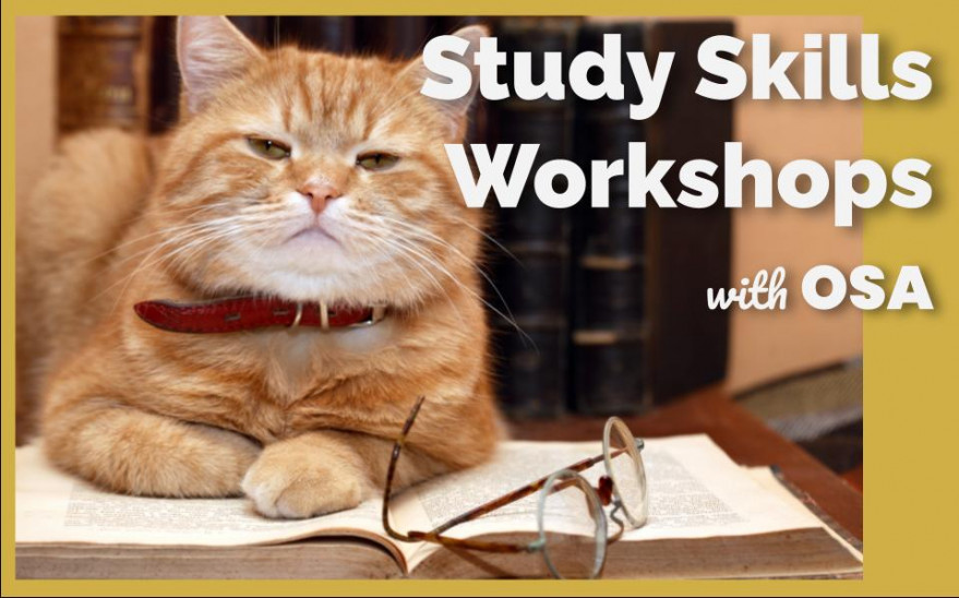 Image description: an orange tabby cat rests on an open book with glasses. Image reads Study Skills Workshops with OSA