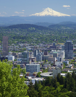 Portland Oregon in spring with mt hood in the distance