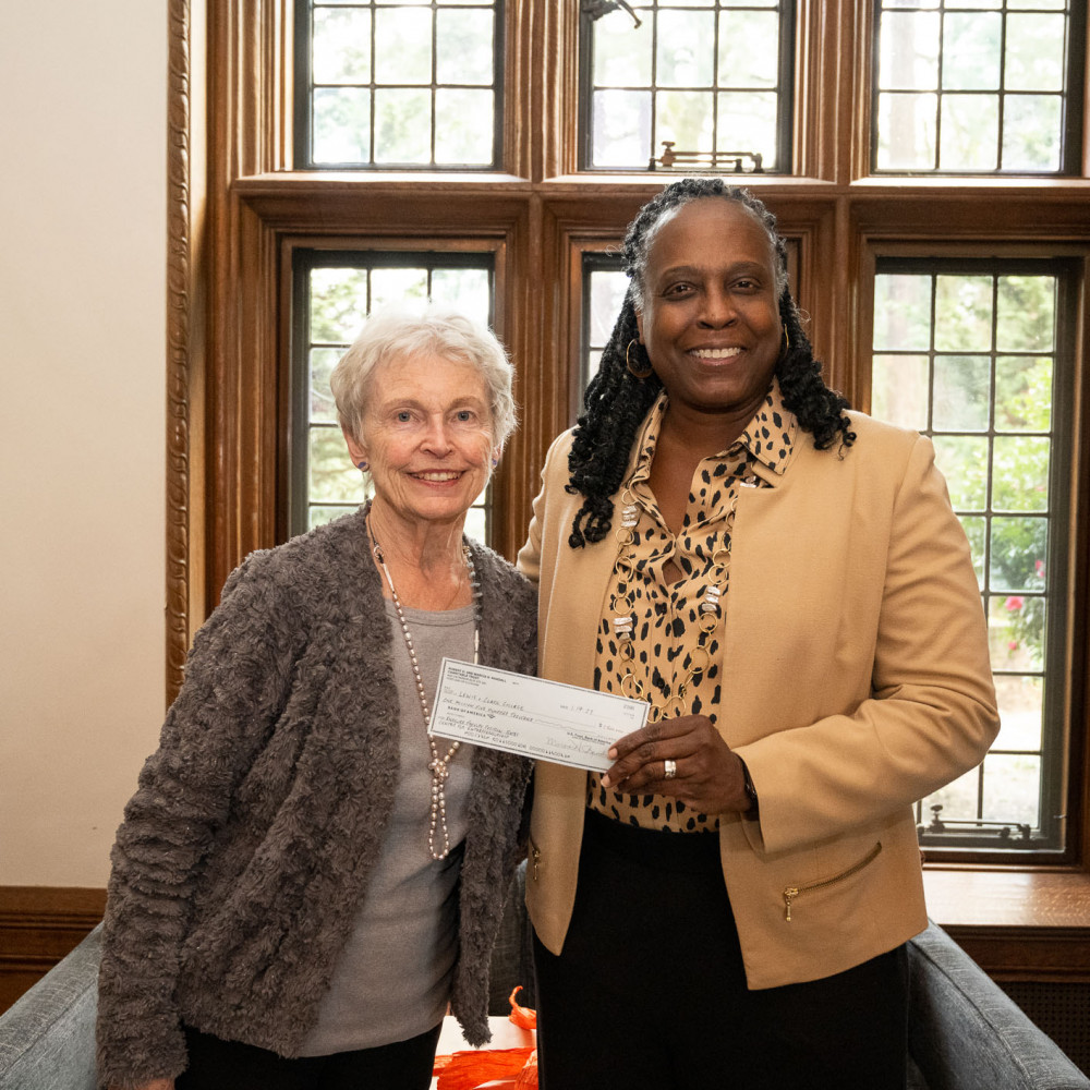 Marcia Randall and President Robin Holmes-Sullivan during the check presentation of the Randall Trust's $1.5 million gift to L&...