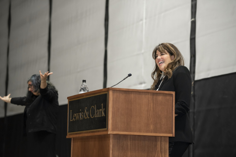 Monica Lewinsky BS '95 takes the stage in Pamplin Sports Center to speak to the Lewis & Clark...