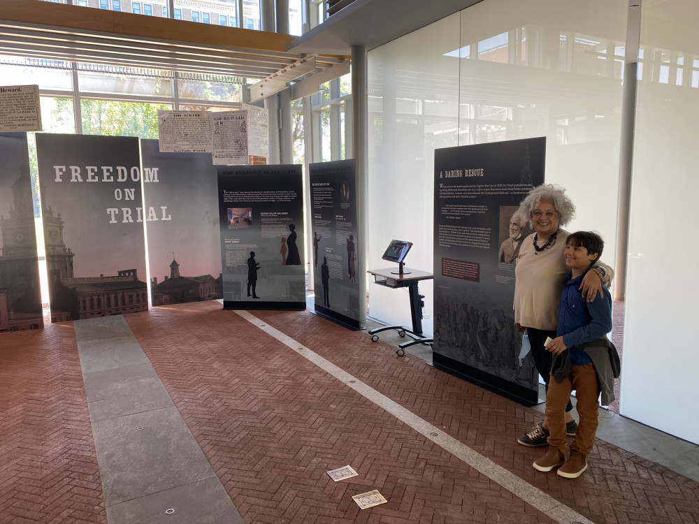 Valerie White with her grandson Everett at the Freedom on Trial exhibit at Independence Hall in Philadelphia.