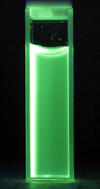 Suspended in water, nanoparticles of lanthanum phosphate with small amounts of cerium and terbium glow green under UV light.