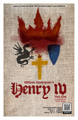 Burlap background with spraypainted crown, dragon, cross, and shield above details of play.