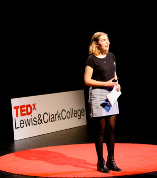 Amaris Bouchard BA'20 takes the TEDxLewisandClarkCollege stage.