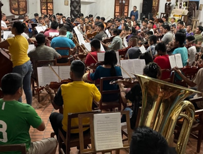 The orchestra in Urubichá, Bolivia, performed Freddy Vilches's original musical composition i...