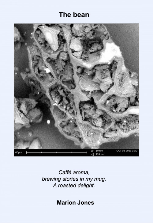 Black and white microscopic image with a haiku: Caffè aroma,/brewing stories in my mug./A roasted delight.