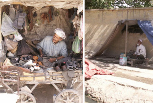The fifth poorest country in the world, Afghanistan's residents create businesses to make money where they can. A cobbler (left) repairs ...
