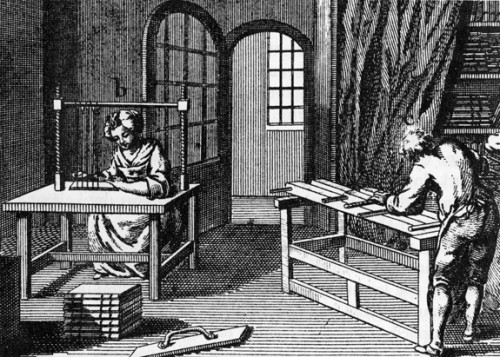 This illustration depicts different stages of a traditional bindery, including a wood press and a sewing station.