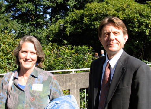 Associate Dean Janet Bixby and Dean Scott Fletcher outside Agnes Flanagan Chapel.
