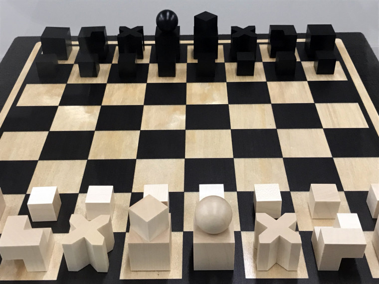 A bauhaus-inspired chess set is one of the pieces on display at the new special collections retrospective exhibit.