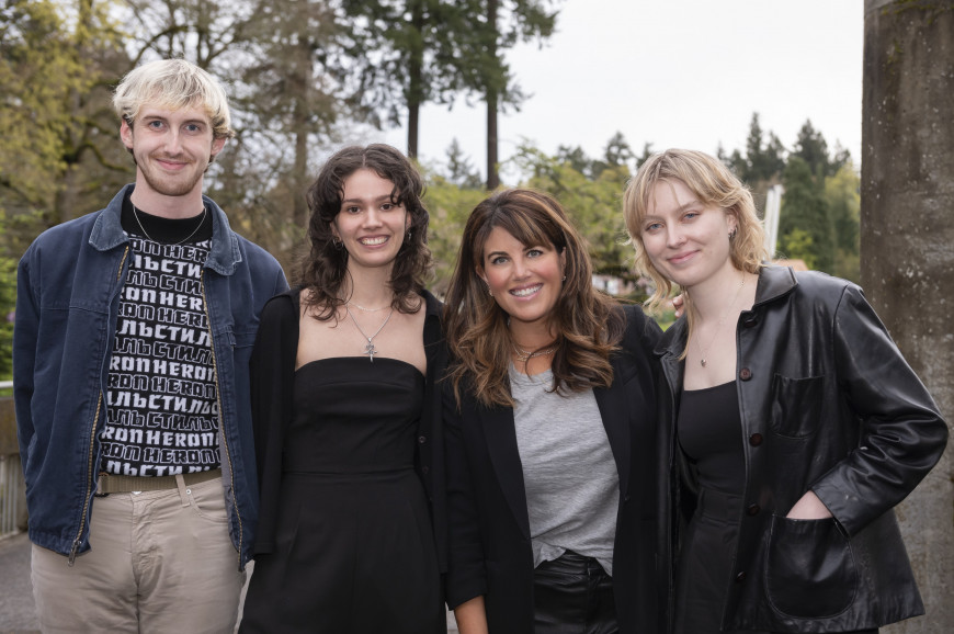 Monica Lewinsky (second from right) poses with leaders of the Feminist Student Union: Sean Burdick, Isabella Boughalem, and Caroline Arnis.