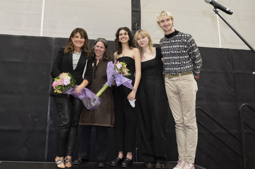 Monica Lewinsky poses with Kimberly Brodkin, faculty advisor for the Feminist Student Union, alongside leaders Isabella Boughalem, Caroli...
