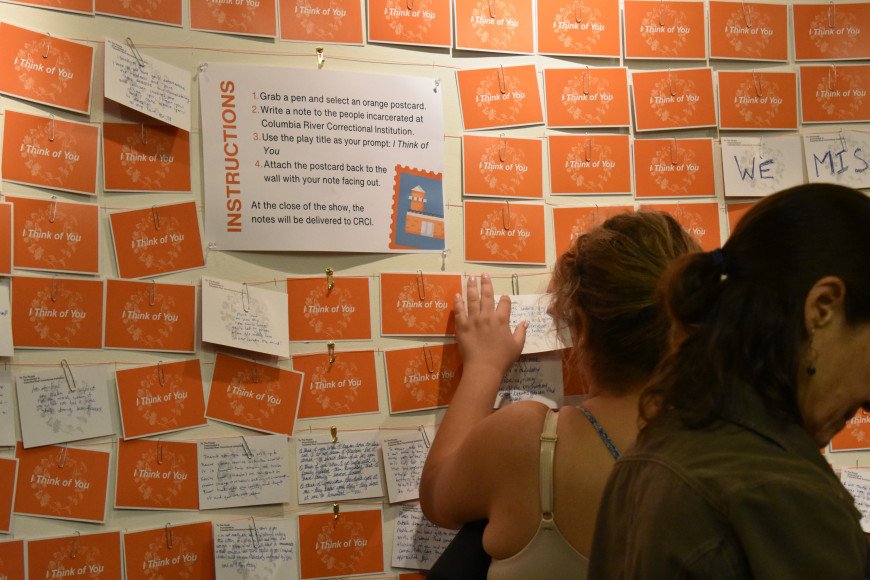 Audience members were invited to write messages to adults currently in custody, using the sentence I think of you as a prompt. Credit: Ve...