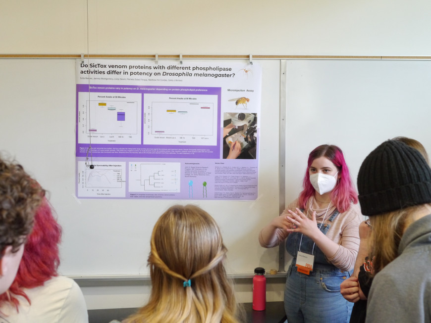 Student presenting their research findings during a poster session.