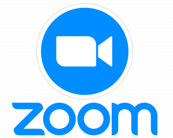 Zoom text with a blue circle and camera inside the circle.