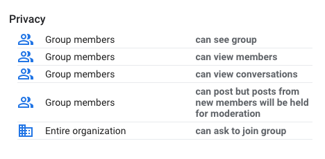 Group Settings Information for a typical Web Forum List.