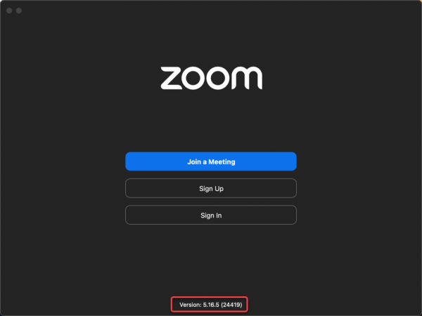 The Zoom application with a red highlight around the version number.