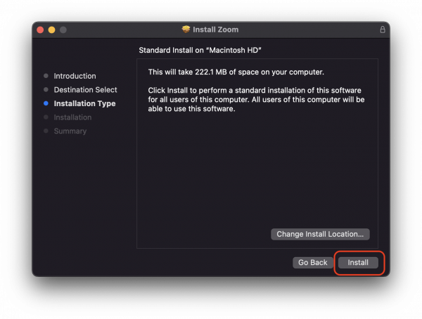 Zoom installer for MacOS with information on the size of the Zoom install and a red highlight aro...