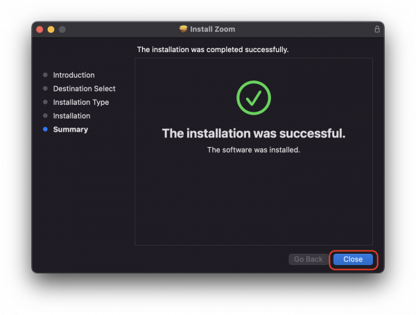 Zoom MacOS installer with an installation was successful message and a red highlight around the c...