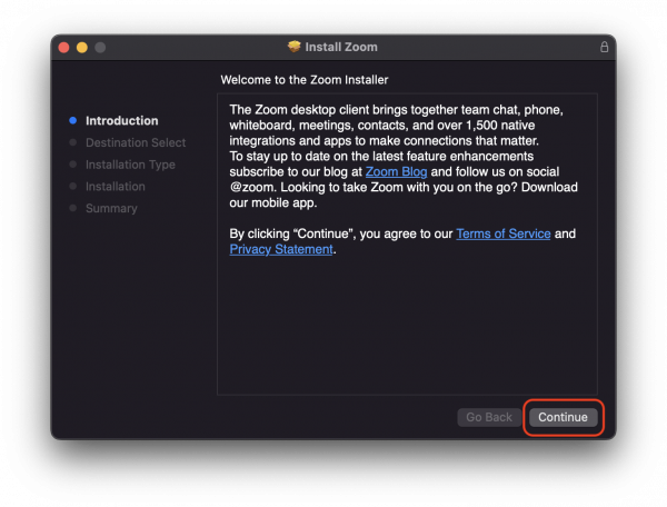 Zoom installer for MacOS with information on Zoom and a red highlight around the continue button