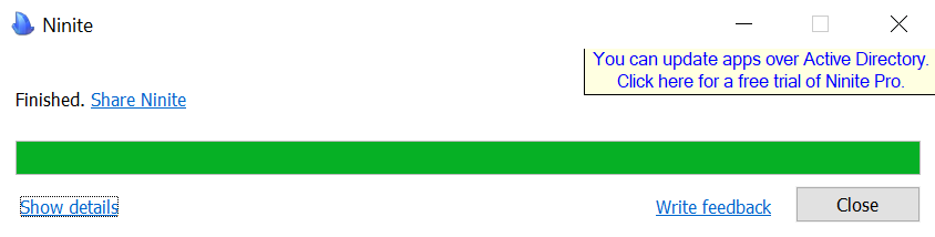 A completed green progress bar showing that the Ninite Zoom install has finished downloading and ...