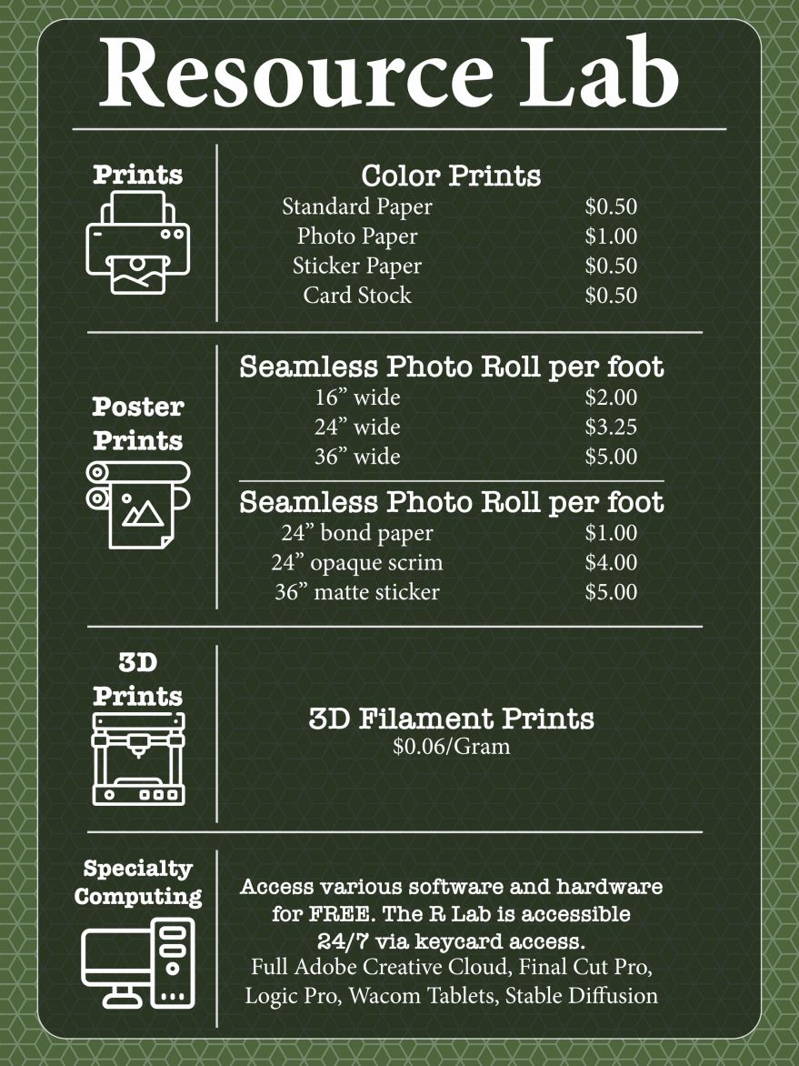 A poster with 4 categories: Prints, Poster Prints, 3D Prints, and Specialty computing. The pricing is listed on the right hand side.
